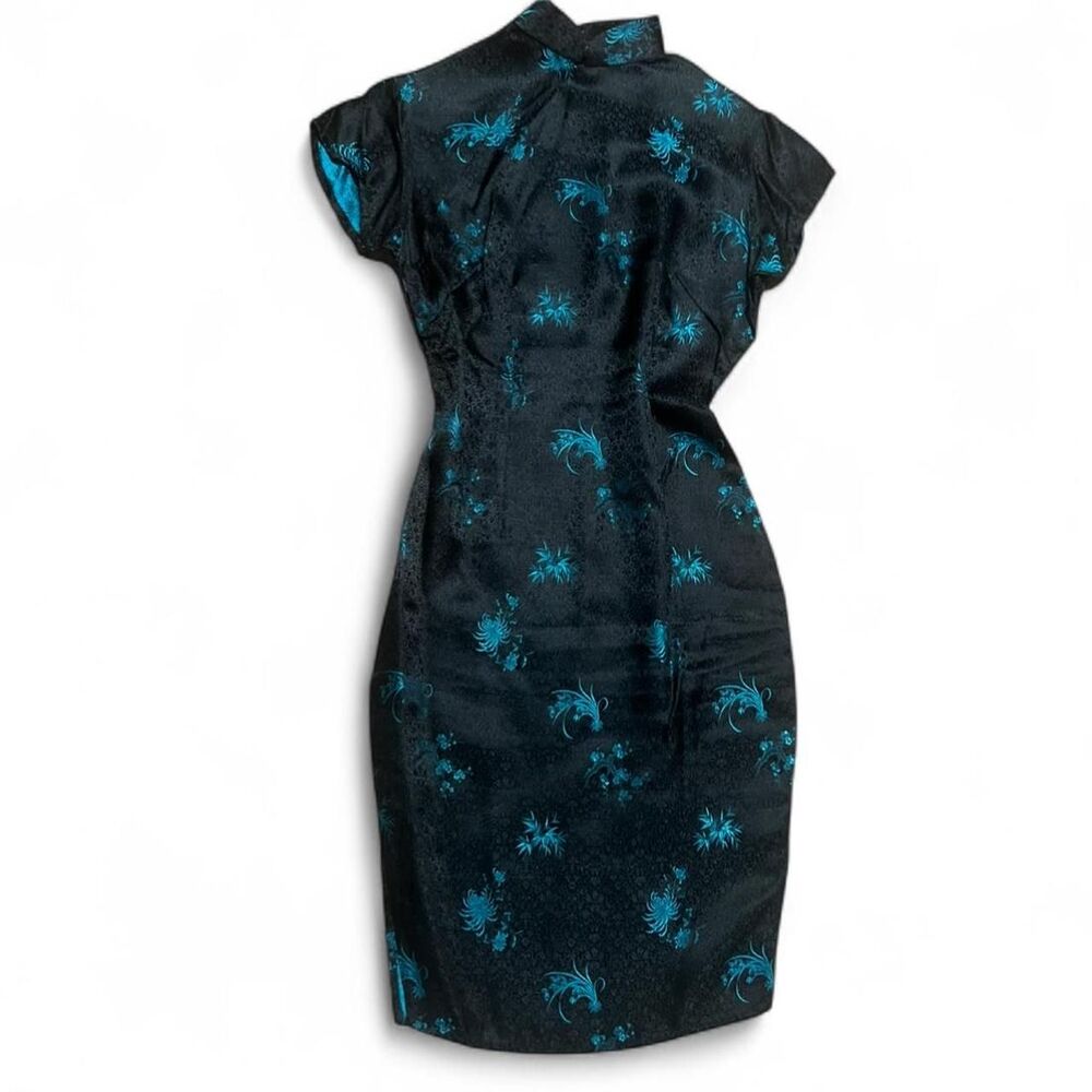 Black & teal vintage traditional Chinese Cheongsam/Qipao floral print dress.